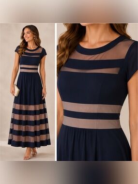 R&M Richards Navy Mesh Illusion Stripe Maxi Dress Formal Wedding Guest Size 8